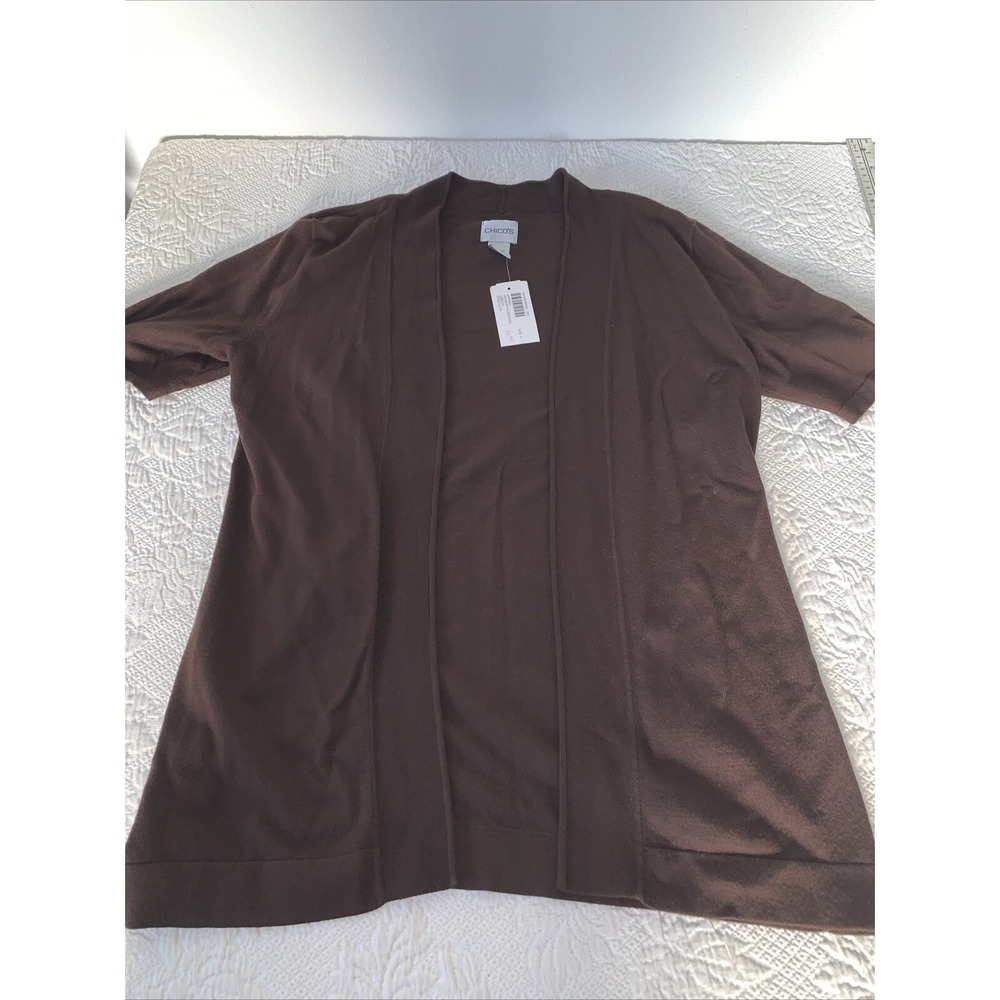 Chico's women's size 1 brown short sleeve open sweater Hayworth cardigan NWT